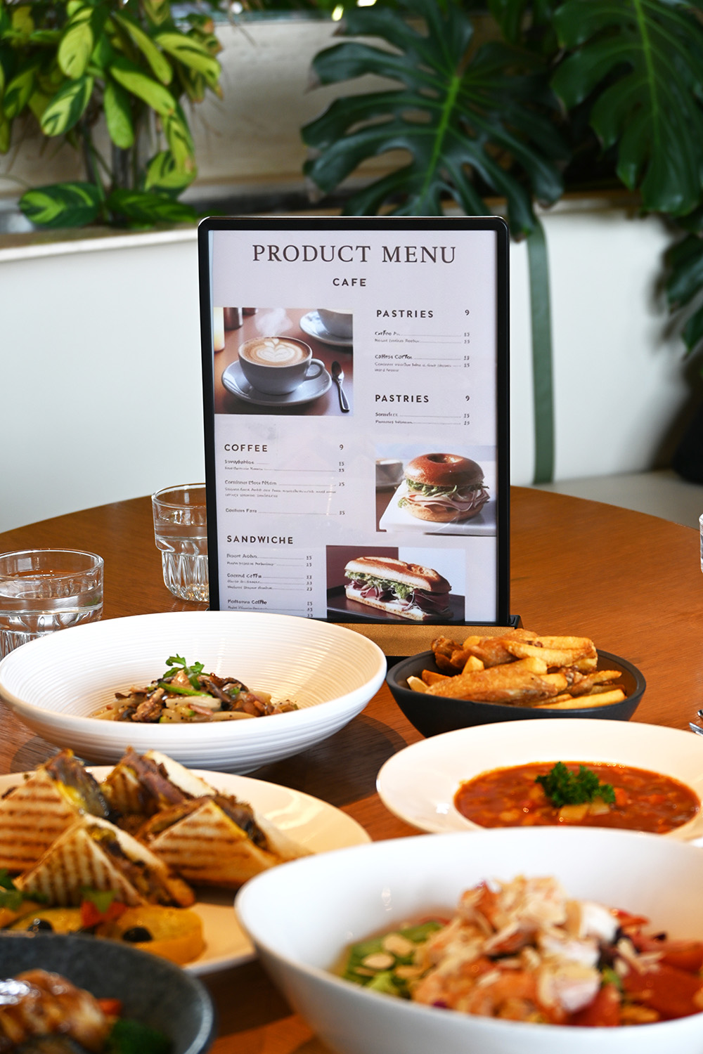 Double-sided tabletop light box displaying promotional graphics in a caf&eacute;